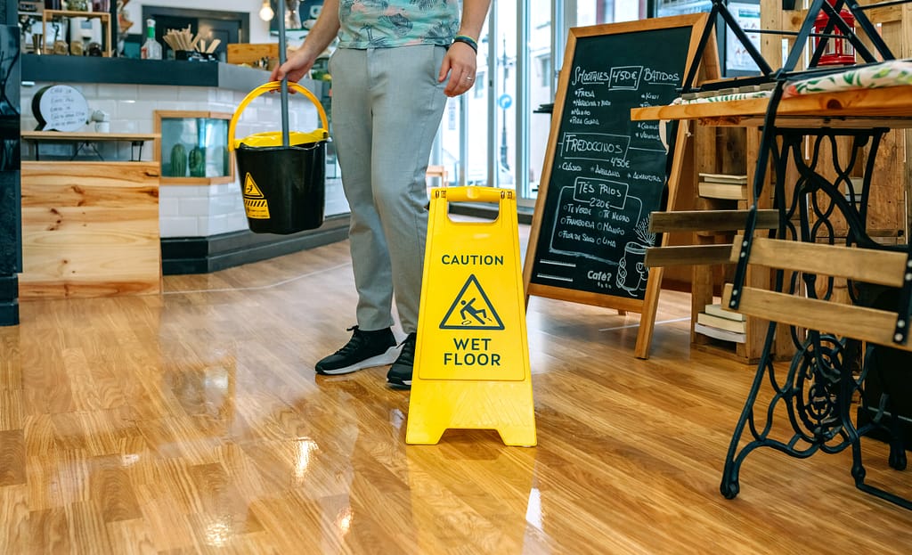 Worker placing wet floor sign after mopping