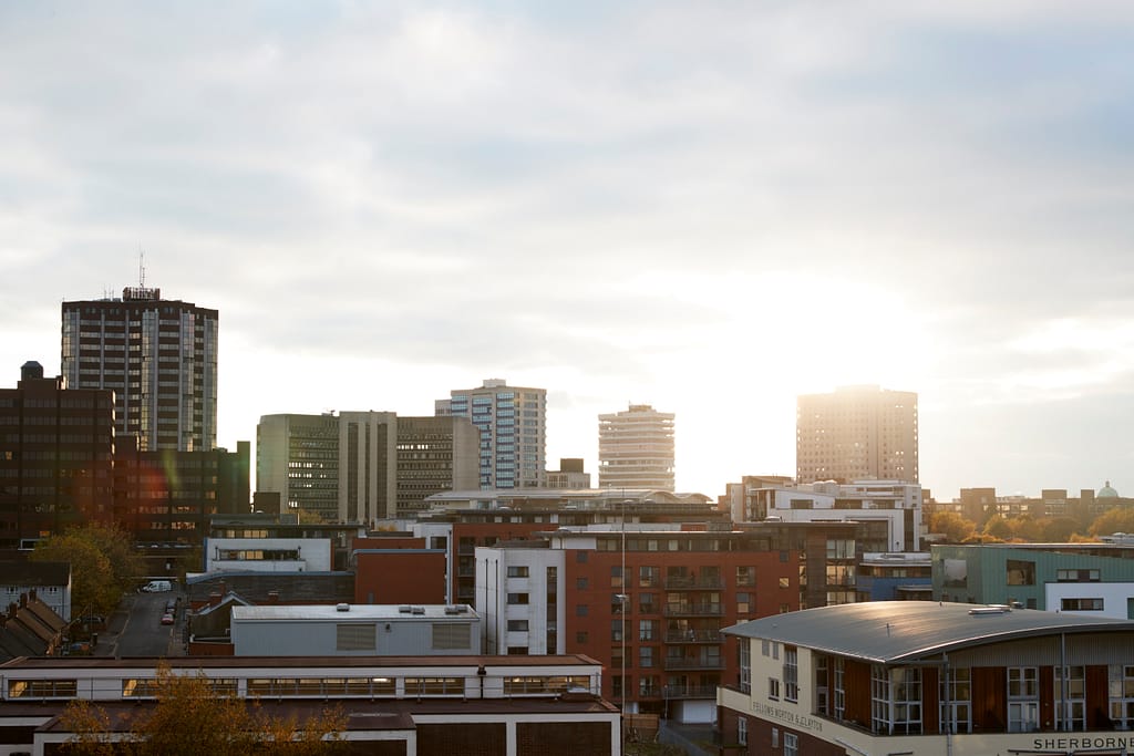Birmingham City Skyline At Sunset